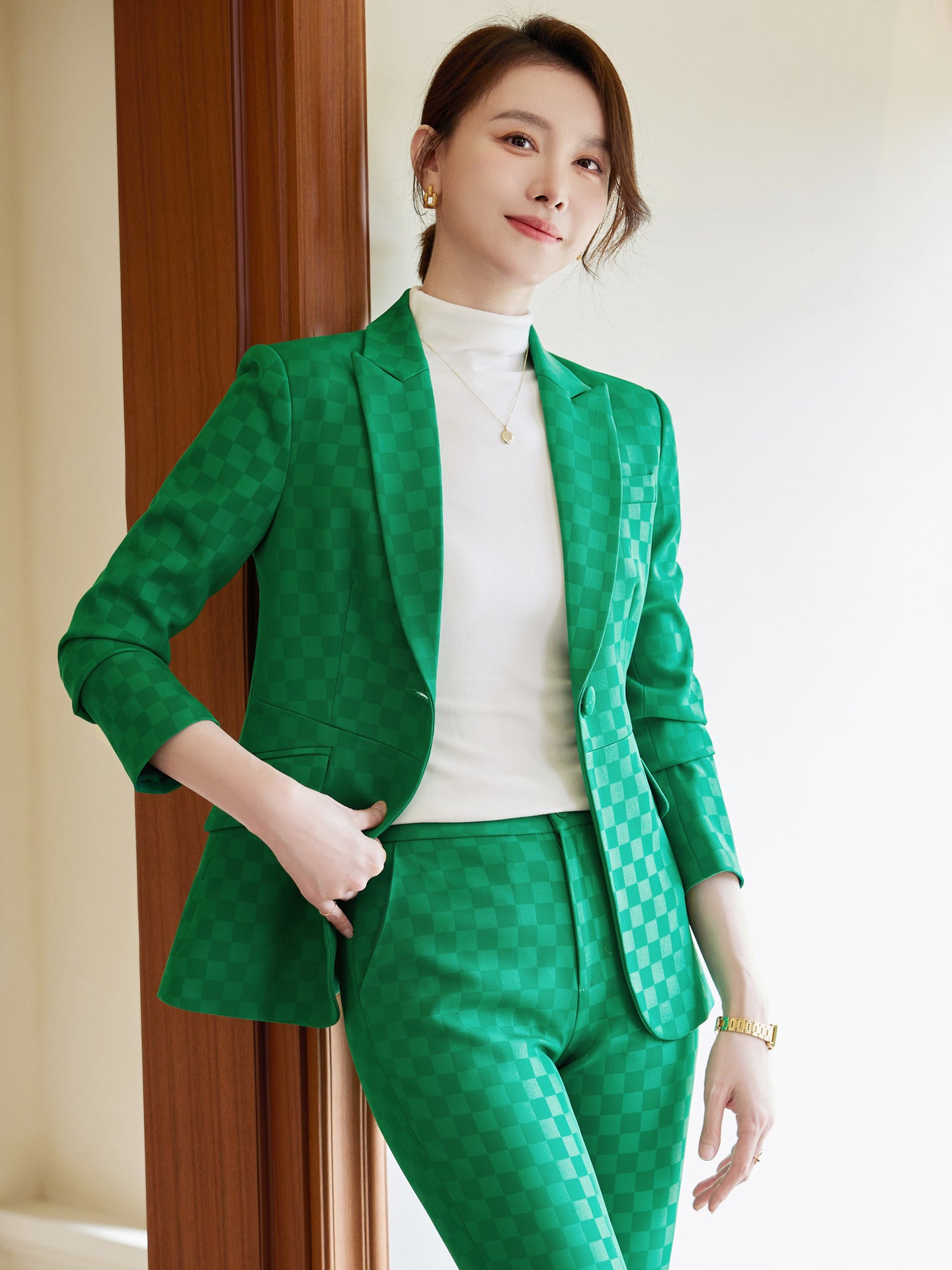 Plaid Green Suit Slim Temperament Socialite