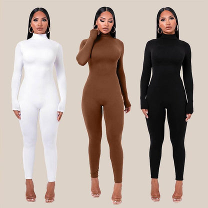 European And American Women's Clothing Autumn And Winter Solid Color Tight Back Zipper Sports Fitness Jumpsuit