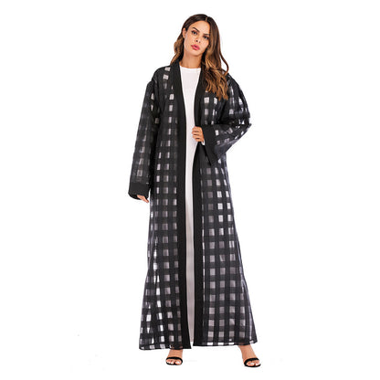 Muslim Plaid Loose Sleeved Lace Up Robe For Women