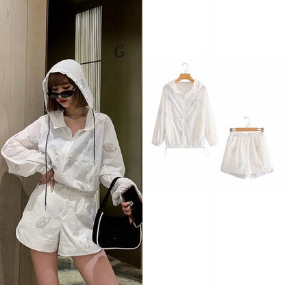 Two Piece Set Women Reflective Butterfly Print Playsuits Hoodies High Waist Lace Up Wide Leg Zip Shorts Loose