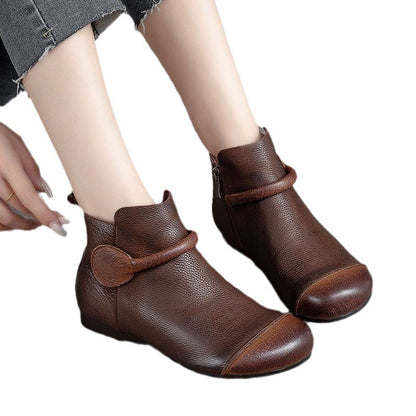 Soft Leather Retro Style Women's Boots Side Zipper Flat Round Head Simple Dr Martens Boots