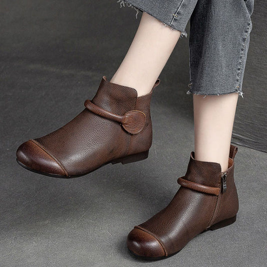 Soft Leather Retro Style Women's Boots Side Zipper Flat Round Head Simple Dr Martens Boots