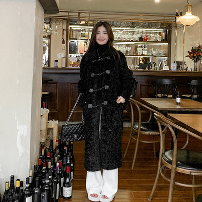 Women's Fashion Casual Horn Button Loose Fur Below-the-knee Coat