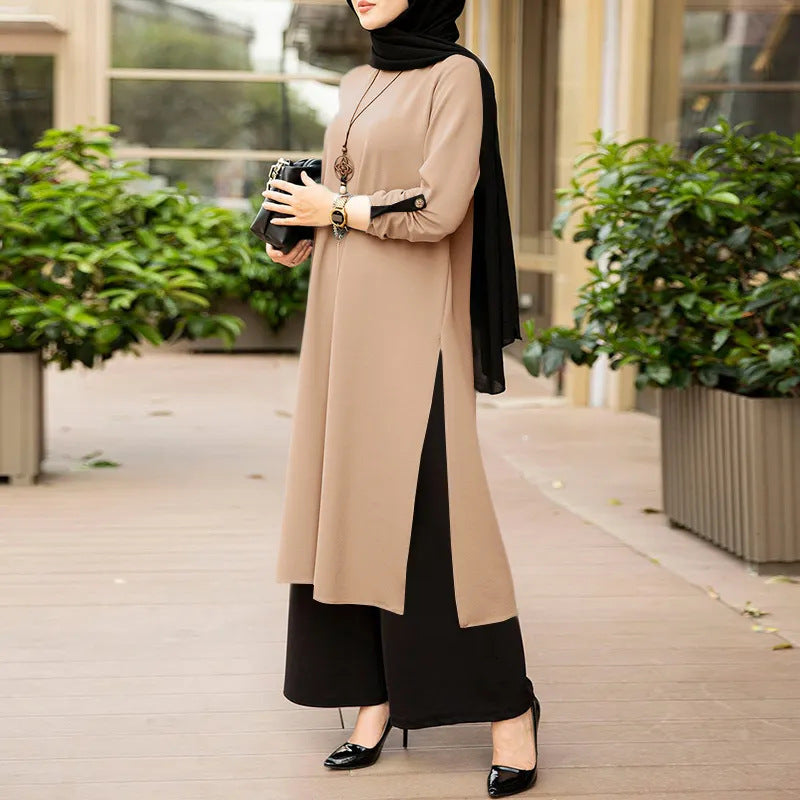 New Muslim Dubai Robe Pure Color Split Dress