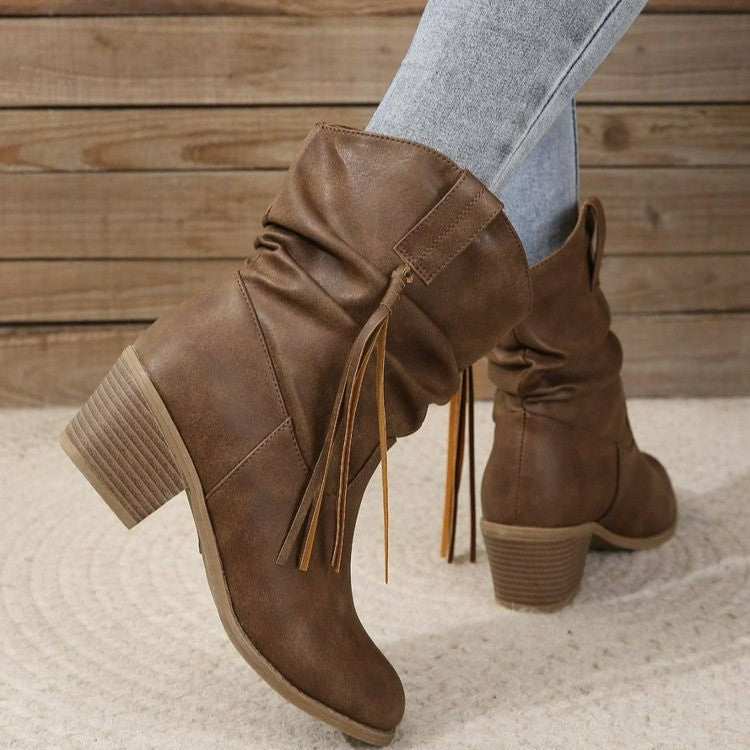 Retro Tassel Boots Winter Thick Square Heel Mid-calf Knight Western Boots Woman Fashion Shoes