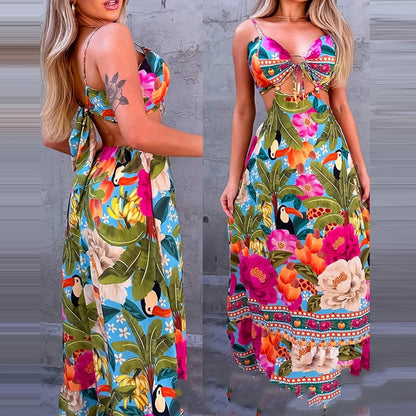 Tropical Printed Floral Halter Midriff Outfit Dress