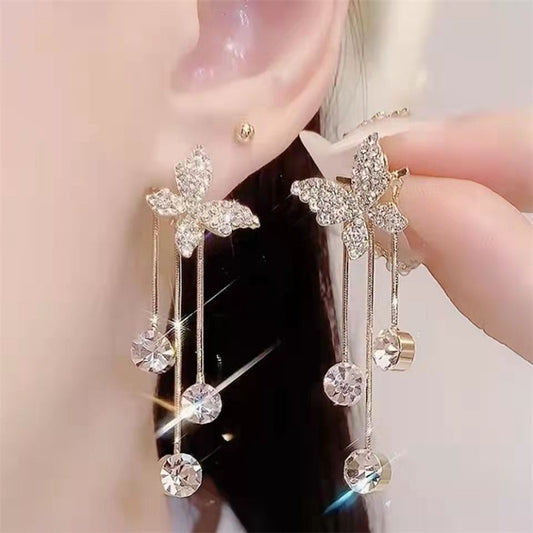 Fashion Jewelry Shiny Butterfly Rhinestone Drop Dangle Earrings Women Elegant Long Pearl Tassel Chain Pendant Party Jewelry