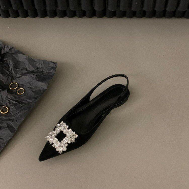 French Flat Black Baotou Summer Pointed Toe Rhinestone Classy Shoes