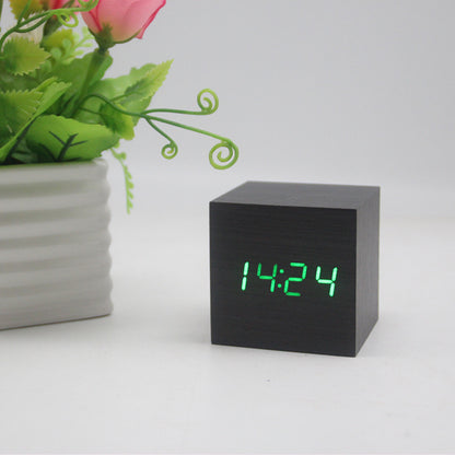 Minimalist Cube shaped sound-sensitive wooden digital clock with temperature display