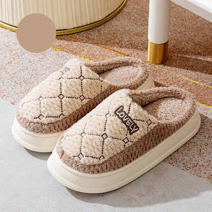 Thick-soled Non-slip Fluffy Slippers With Rhombus Pattern Design Couple Men's Cotton Shoes Indoor Floor Plaid Plush House Slippers Woman