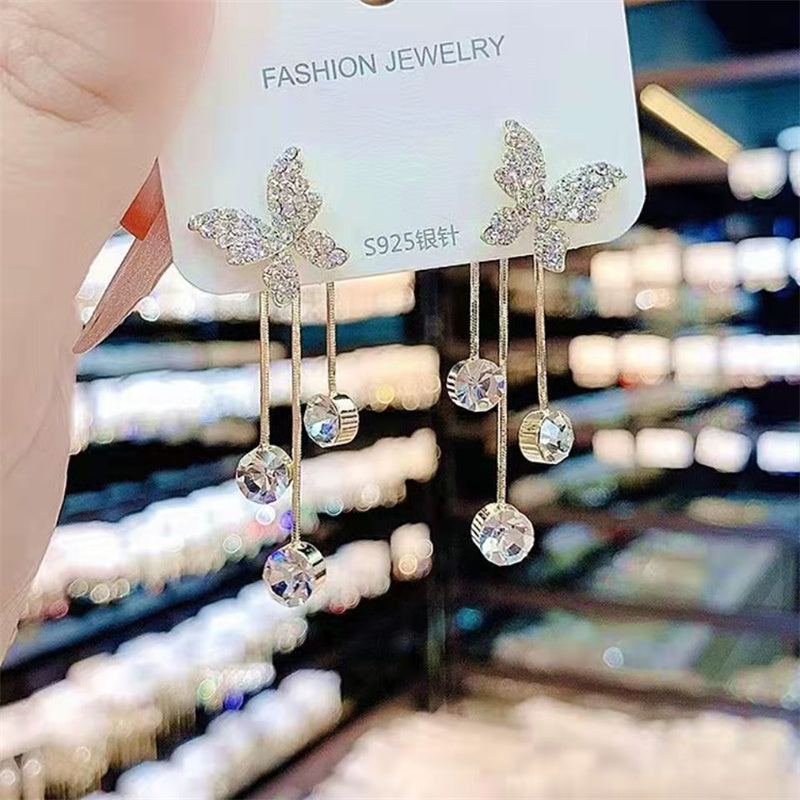 Fashion Jewelry Shiny Butterfly Rhinestone Drop Dangle Earrings Women Elegant Long Pearl Tassel Chain Pendant Party Jewelry