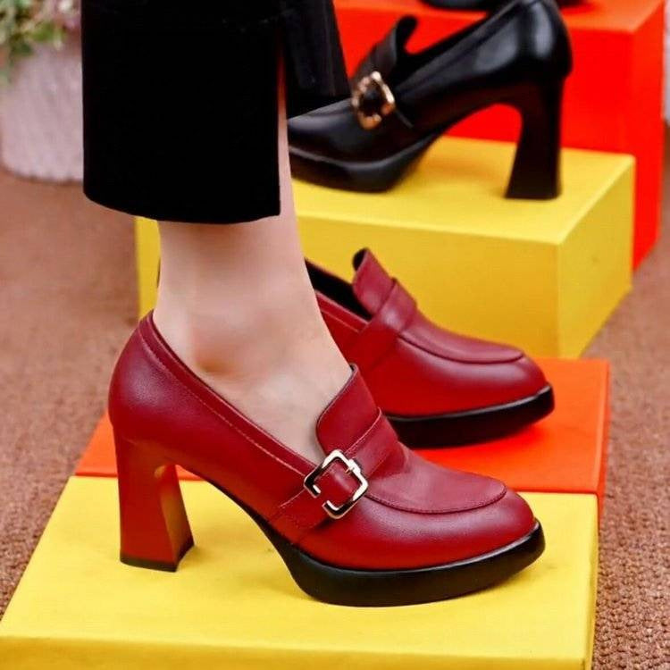 Thick Soled Thick Heels Fashion Shoes Deep Cut Women's Leather Shoes