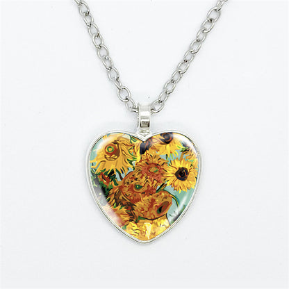 Artistic Style Van Gogh Starry Sunflower Flower-de-Luce Time Stone Heart-shaped Pendant Necklace