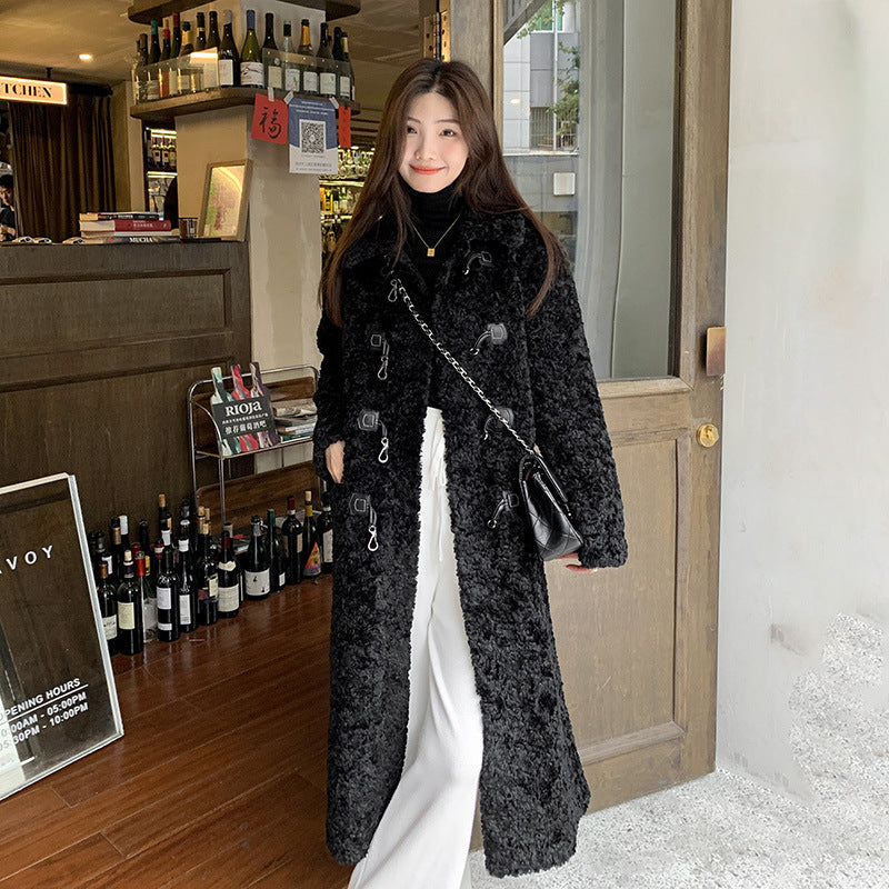 Women's Fashion Casual Horn Button Loose Fur Below-the-knee Coat