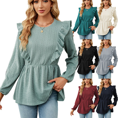 Women's Patchwork Round Neck Long-sleeved T-shirt Top