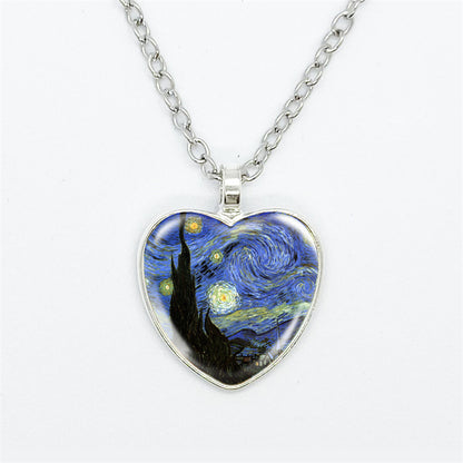 Artistic Style Van Gogh Starry Sunflower Flower-de-Luce Time Stone Heart-shaped Pendant Necklace