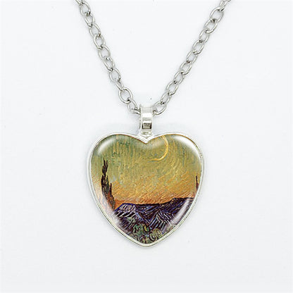 Artistic Style Van Gogh Starry Sunflower Flower-de-Luce Time Stone Heart-shaped Pendant Necklace