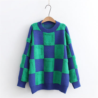 Women's Fashion Casual Chessboard Knitted Pullover Sweater