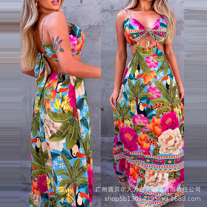 Tropical Printed Floral Halter Midriff Outfit Dress