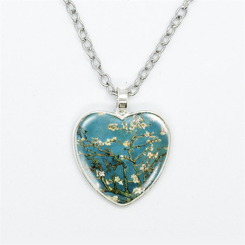 Artistic Style Van Gogh Starry Sunflower Flower-de-Luce Time Stone Heart-shaped Pendant Necklace