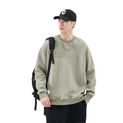 Fleece-lined Men's Sweater Letter Round Neck Pullover Top