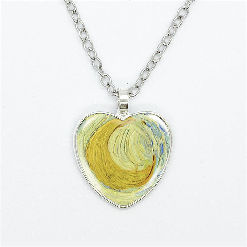 Artistic Style Van Gogh Starry Sunflower Flower-de-Luce Time Stone Heart-shaped Pendant Necklace