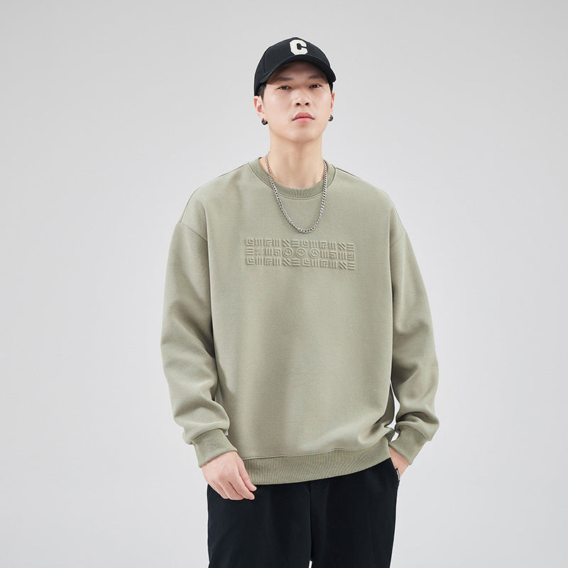 Fleece-lined Men's Sweater Letter Round Neck Pullover Top