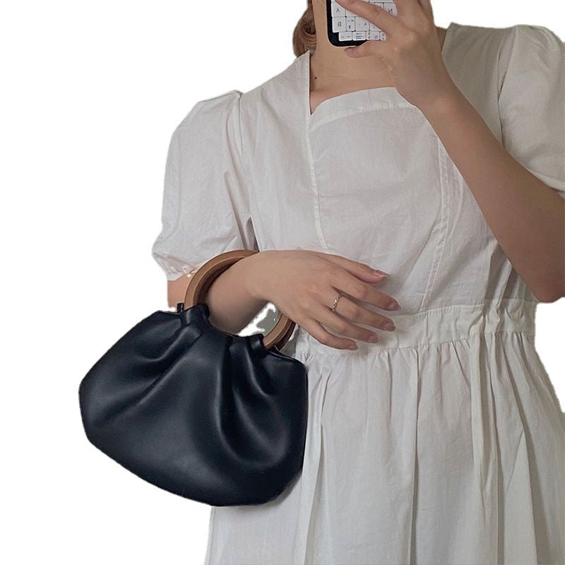 Wooden Handle Hand Holding Women's Shoulder Crossbody Wrinkled Bag