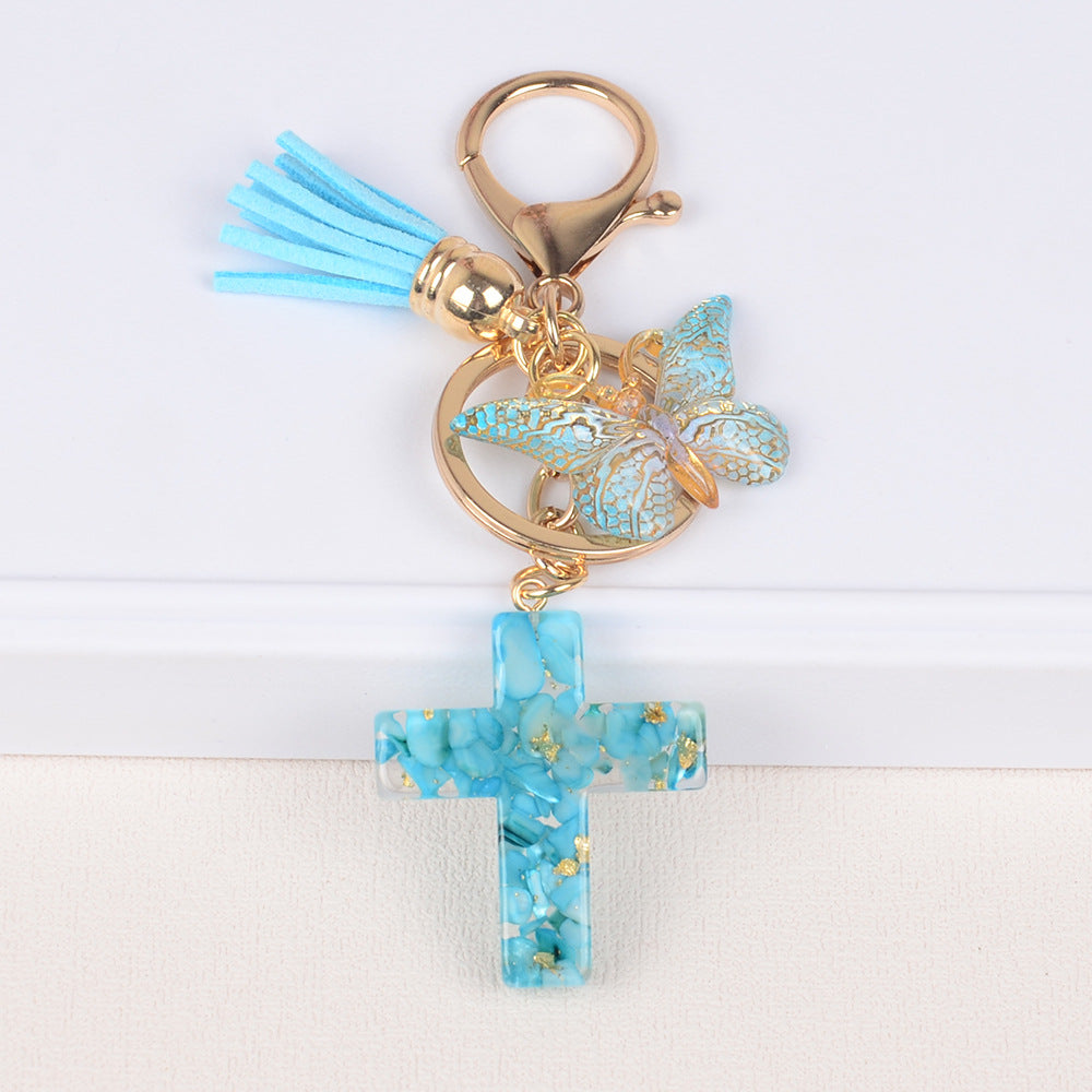 Tassel Butterfly Stone Cross Keychain