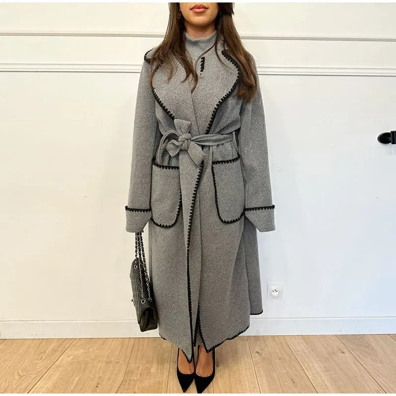 Women's Fashionable Warm Long-sleeved Lapel Woolen Lace-up Coat