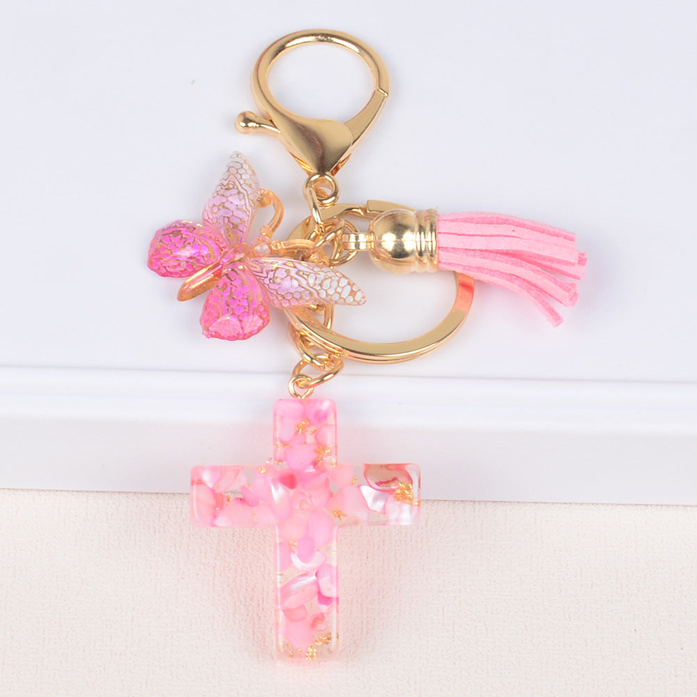 Tassel Butterfly Stone Cross Keychain