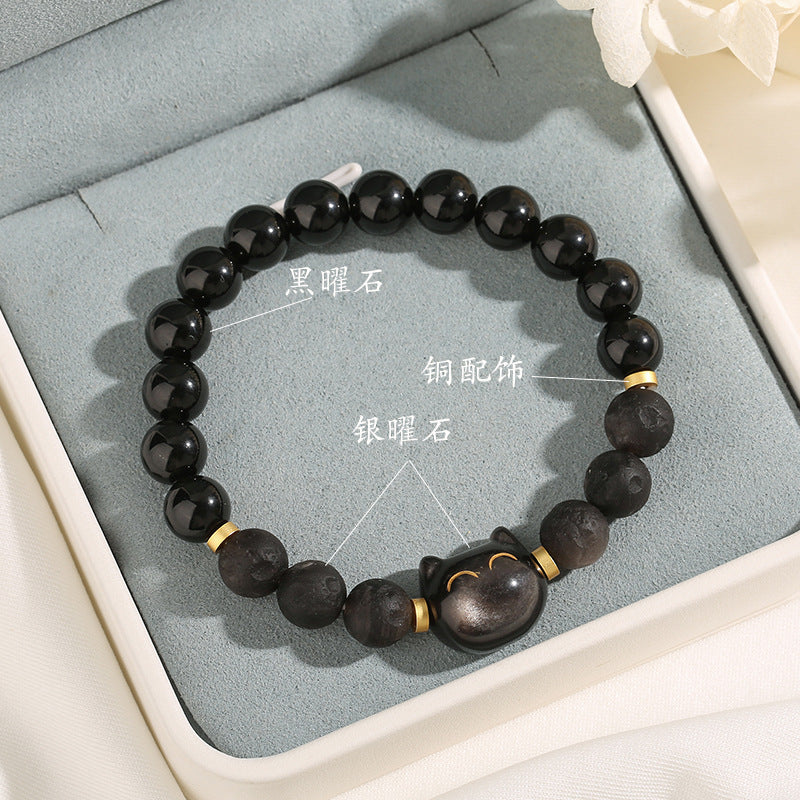 Natural Obsidian Cat Head Bracelet For Men And Women