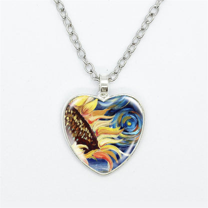 Artistic Style Van Gogh Starry Sunflower Flower-de-Luce Time Stone Heart-shaped Pendant Necklace