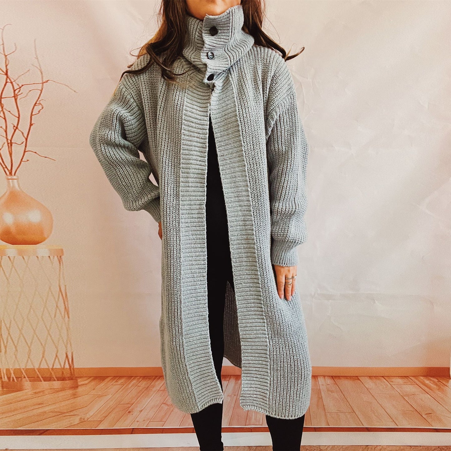 Women's Long Loose Solid Color Three-button Turtleneck Lapel Sweater