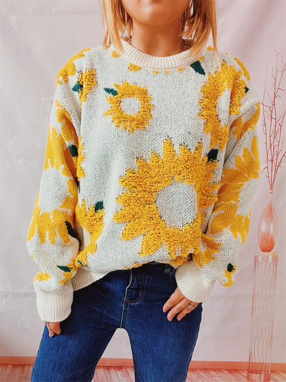 Women's Fashion Casual Sunflower Jacquard Round Neck Long Sleeve Sweater