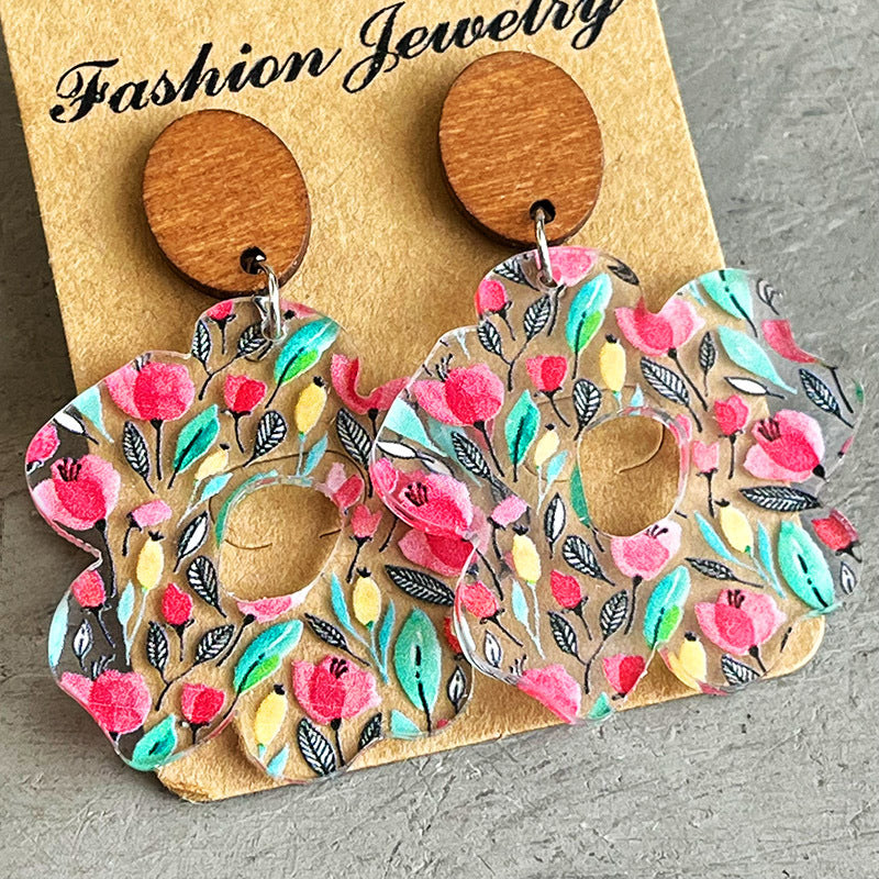 Acrylic Wooden Flower Simple Earrings