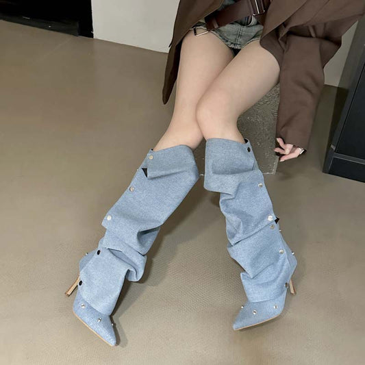 Rivet Buckle Stitching Two-way Stiletto Heel Denim Pleated Pile Style Boots