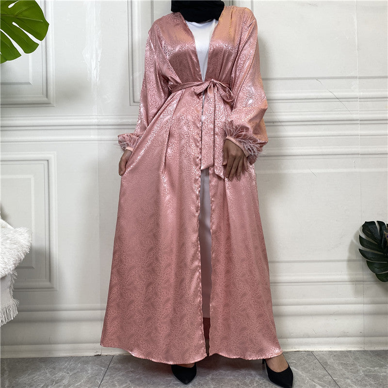 Muslim Clothing Printed Satin Long Sleeve Feather Cardigan