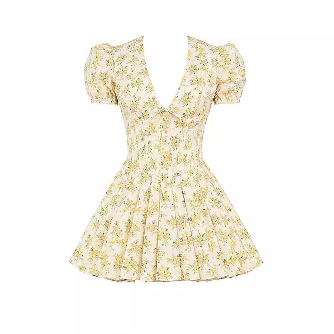 V-neck Puff Sleeve Dress Yellow Flowers Print French Style Sweet Pleated Dresses Womens Clothing