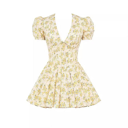 V-neck Puff Sleeve Dress Yellow Flowers Print French Style Sweet Pleated Dresses Womens Clothing