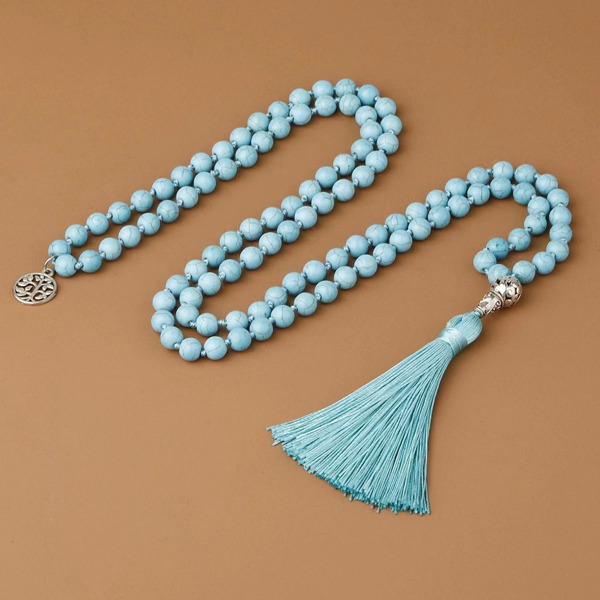 Natural Volcano Tigereye Agate Turquoise Series Beaded Tassel Pendant Necklace