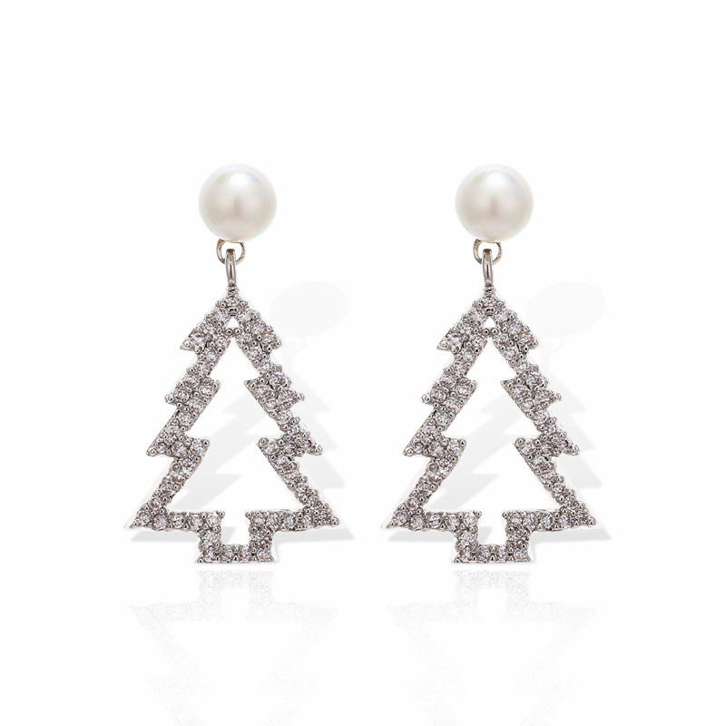 Diamond Christmas Tree Earrings Pearl Fashion Christmas