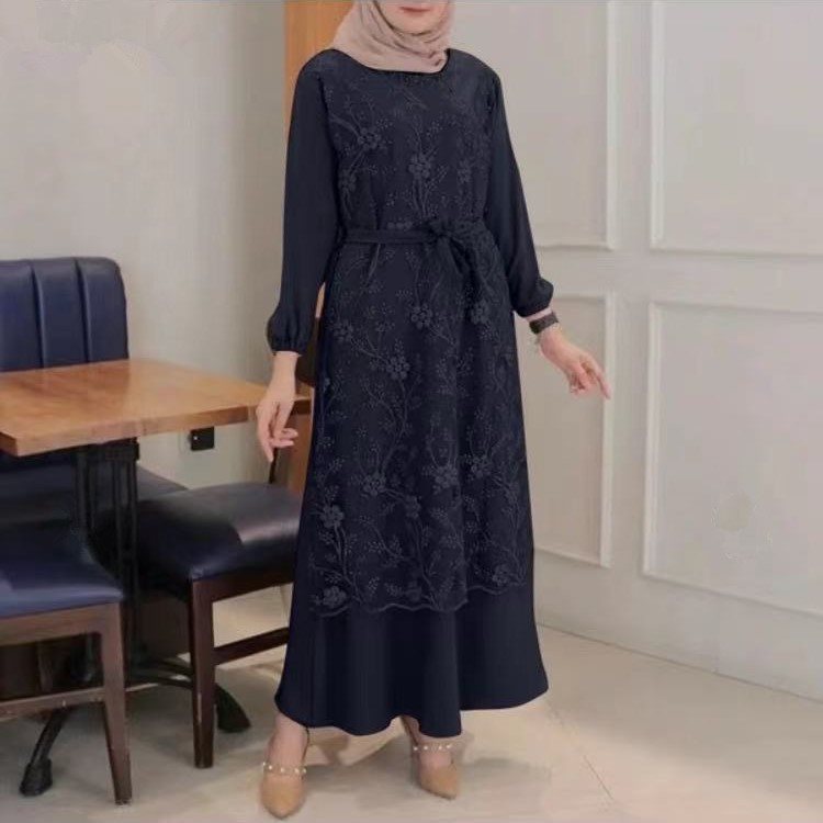 Muslim Round Neck Lace Floral Dress