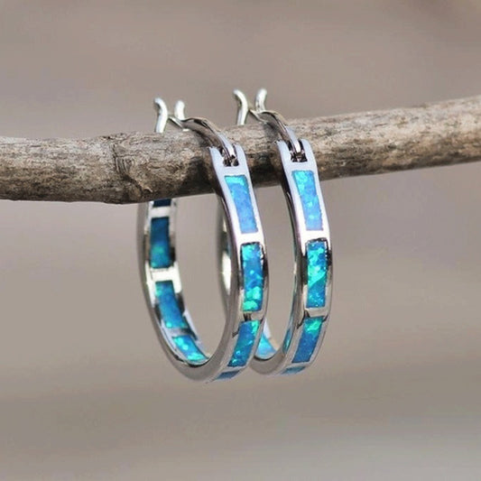 Blue Opal Round Earrings For Women