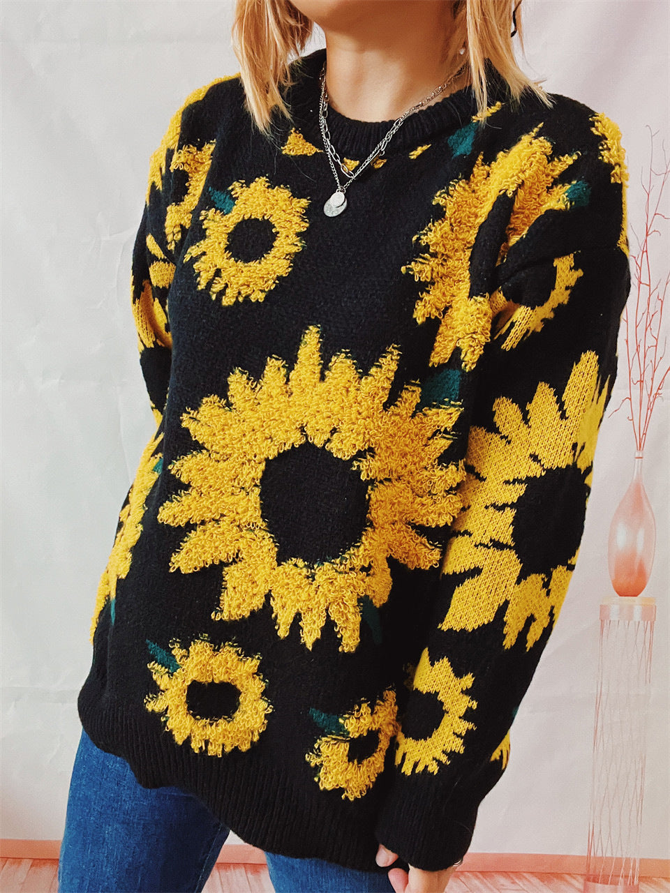 Women's Fashion Casual Sunflower Jacquard Round Neck Long Sleeve Sweater