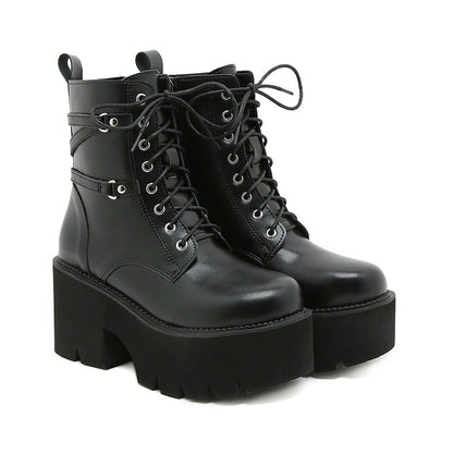 Women's Round Head Lace-up Platform Waterproof Platform Thick Heel Dr Martens Boots