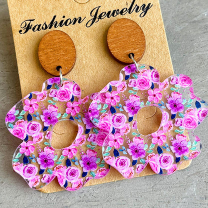 Acrylic Wooden Flower Simple Earrings