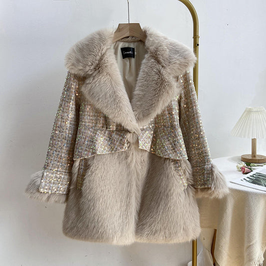 Women's Fashionable Sequins Wool Fur Coat
