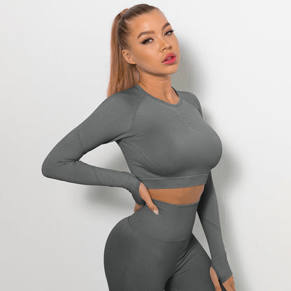 Europe And The United States Seamless Long Sleeve High Elastic Pleated Quick Dry Long Sleeve Fitness Yoga Clothing Top