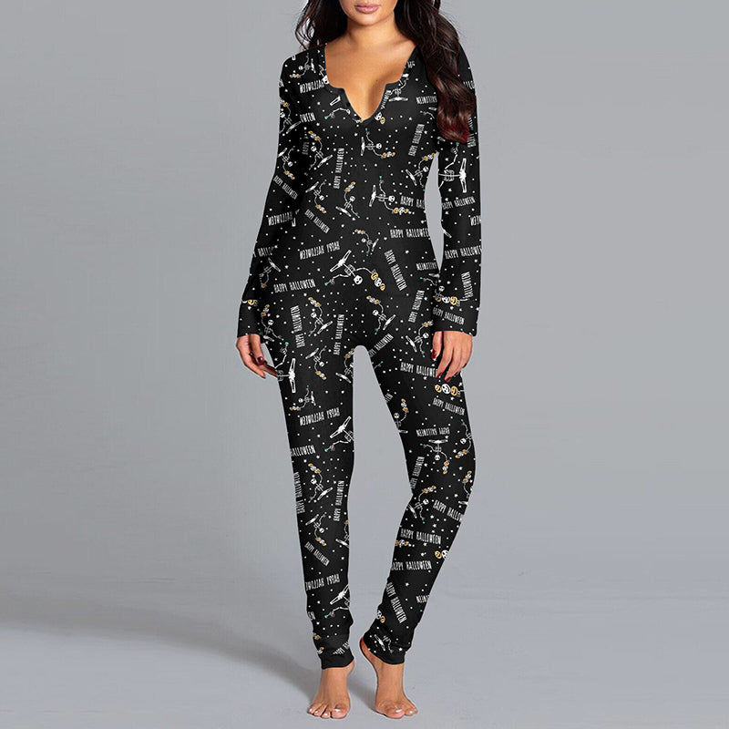 Halloween Printed Jumpsuit Long Sleeve Home Pajamas Casual Trousers Women's Cos Clothing